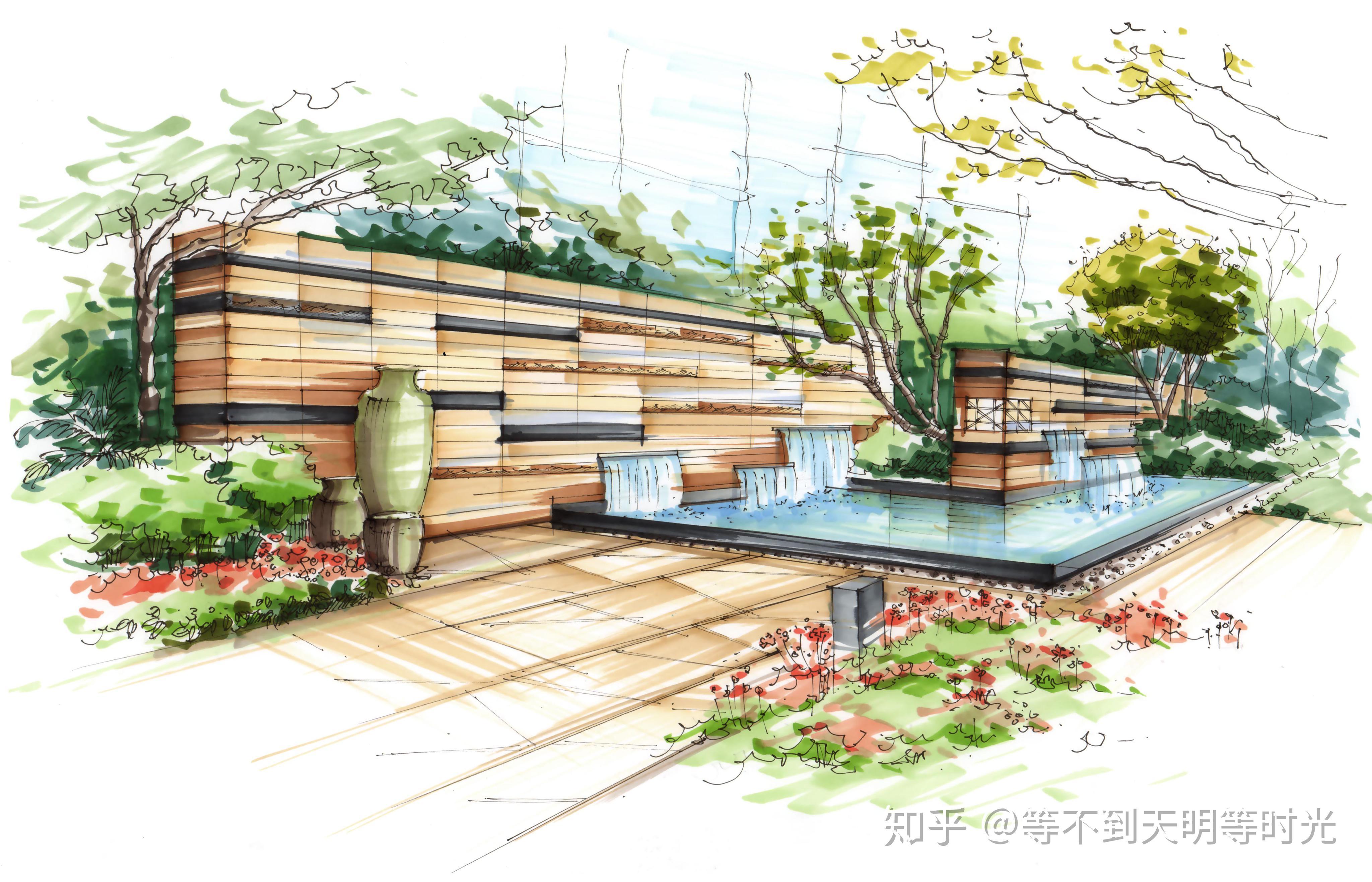 视觉中心细节强化处理,主要对景墙的色彩进行丰富,水