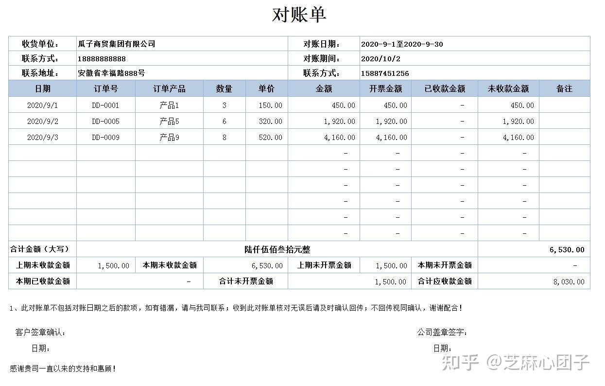 对账单的标准格式图片图片