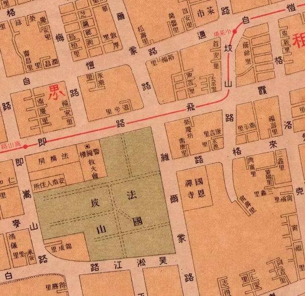 1918年地图,霞飞路与坟山路(龙门路)相接,是进入八仙桥外国坟山的主要