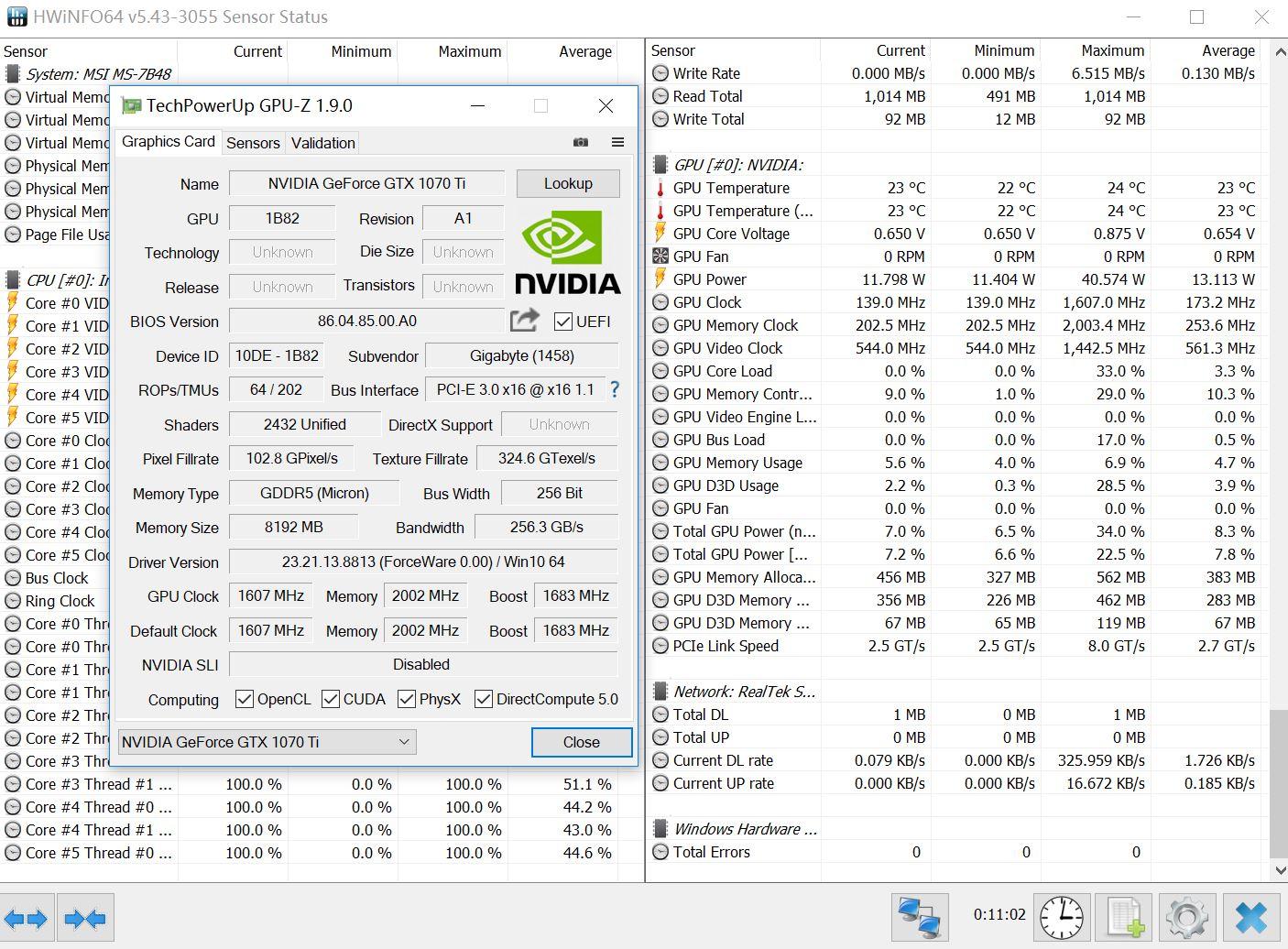 显卡是技嘉gv-n1070ti gaming 8g,官标1607-1683mhz(游戏频率在1800