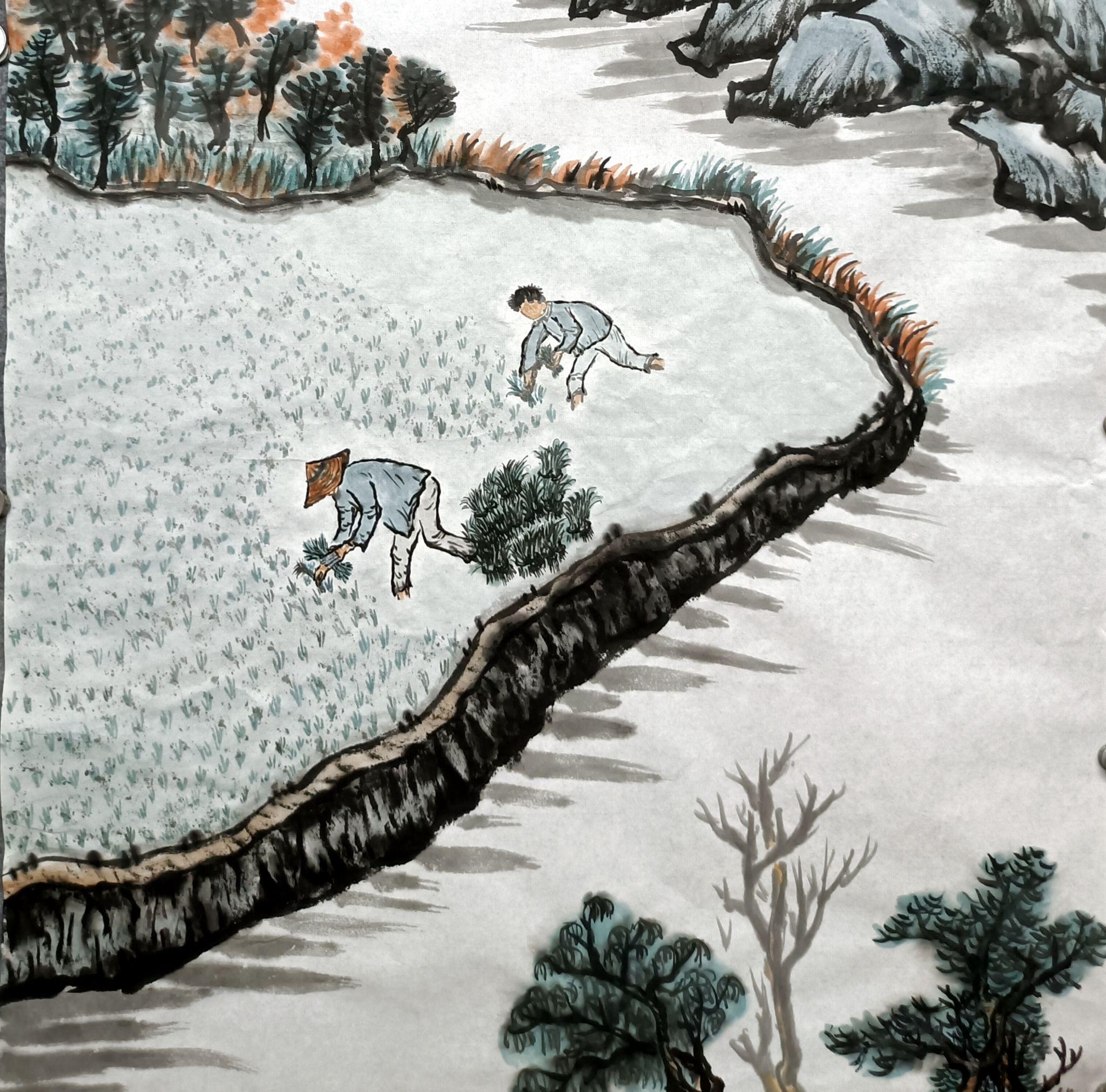 踏春寒农夫抢时插秧图~贾越云一画一诗一书法