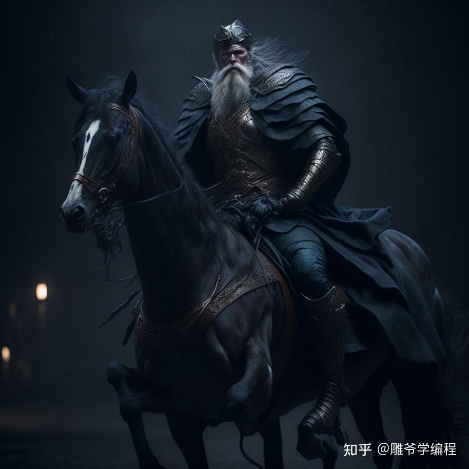 (奥丁骑马,戏剧性的灯光,黑暗,逼真,电影)接着输入:odin riding a