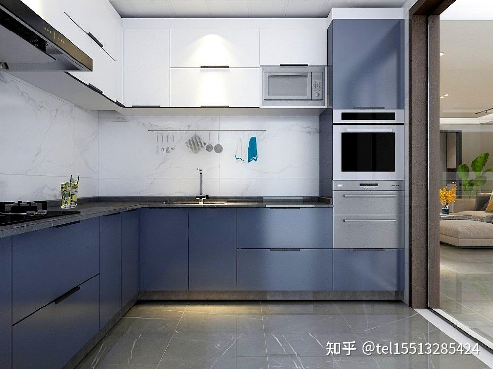 180平现代简约风格装修效果图--厨房▲厨房定制上白色吊柜 深蓝色橱柜