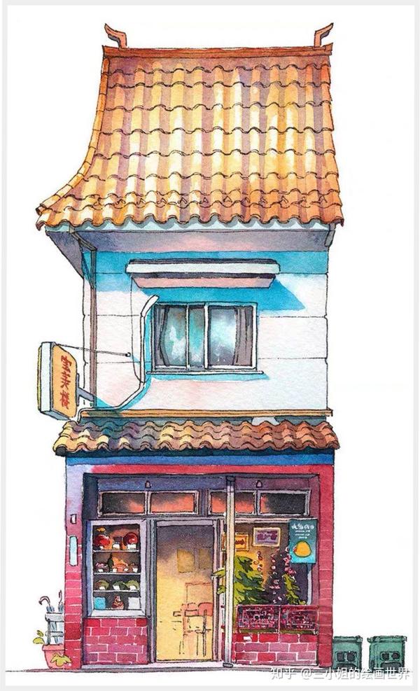 新手小白必须收集的水彩插画素材日式建筑商铺