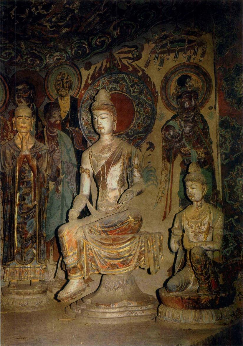 5盛唐或初唐-敦煌328窟西壁龛内北侧-迦叶,胁侍菩萨,胡跪供养菩萨.