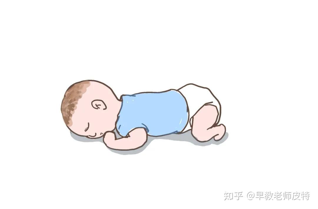 俯卧抬头:儿童俯卧,双臂放在头两侧,能自行抬头,下巴离开床面1-2秒钟.