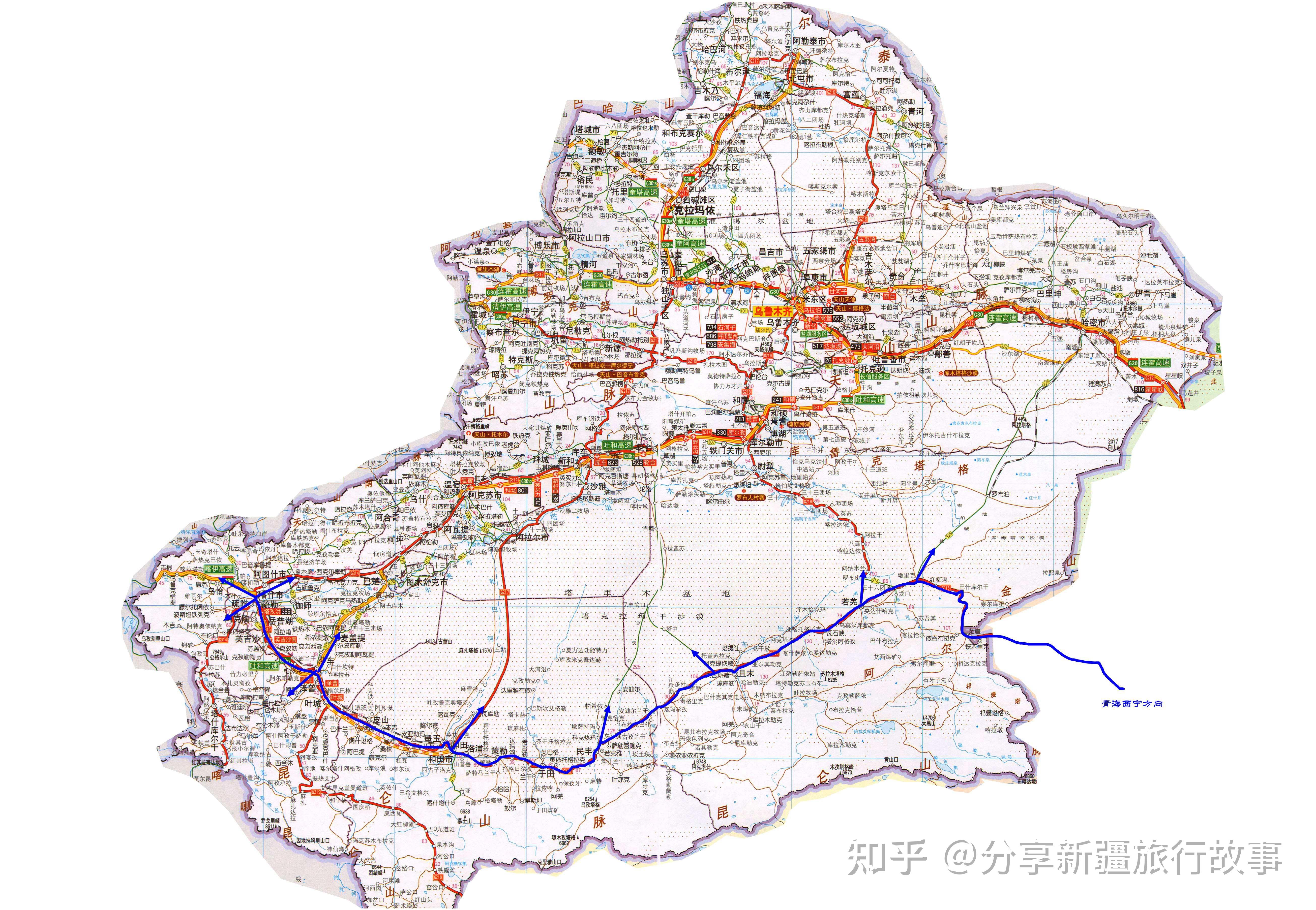 莎車-澤普-葉城-皮山-墨玉-和田-洛浦-策勒-于田-民豐-且末-若羌-茫崖