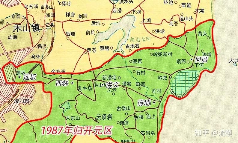 1987年划出前埔,何厝等5村给开元区(底图:1992年《厦门市地图》佯羽