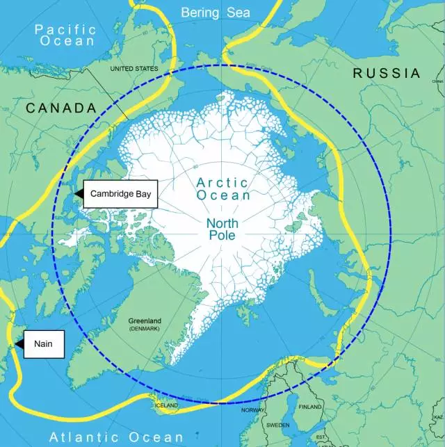 北极圈(arctic circle),是北纬66°34′纬线圈,北极地区则是指北极圈
