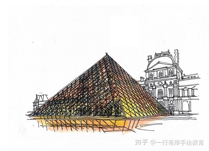 绘图:五空一行地点:巴黎 卢浮宫设计师:贝聿铭玻璃金字塔天空中可以用