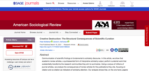 American Sociological Review研究：被综述引用，会让研究性论文总体引用减少 - 知乎