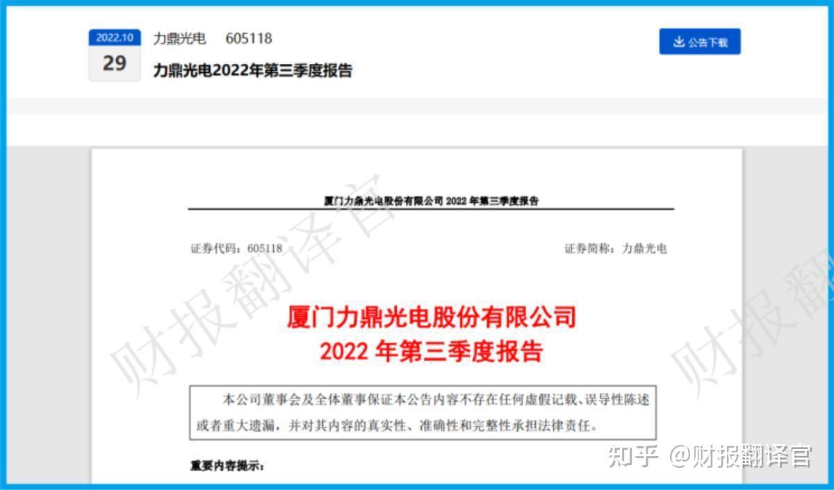 大家好我是财报翻译官,今天将调研a股元器件概念板块中,力鼎光电(股票