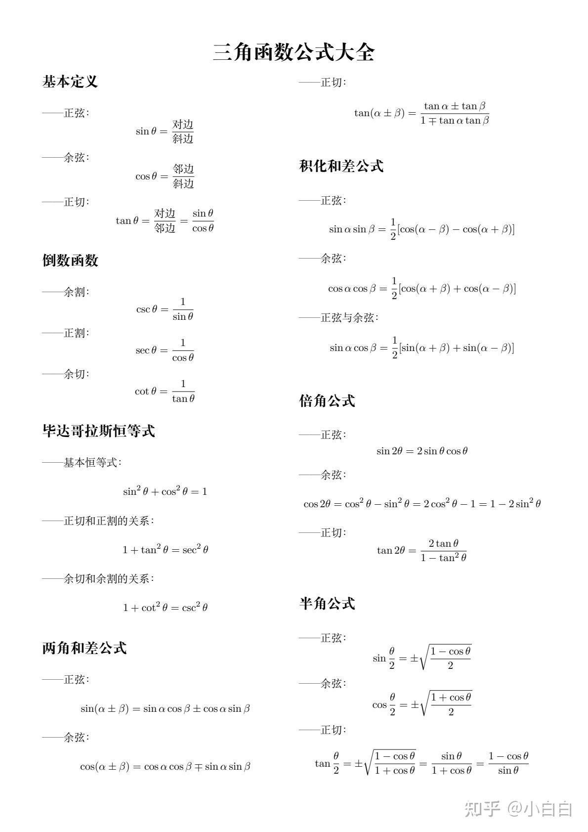 初等数学公式大全 - 知乎
