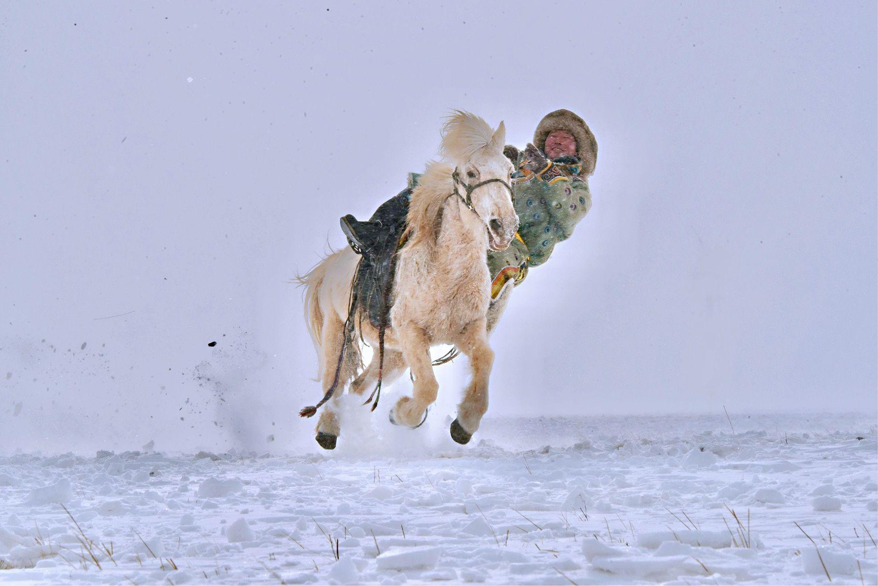 骑手驭马踏雪飞