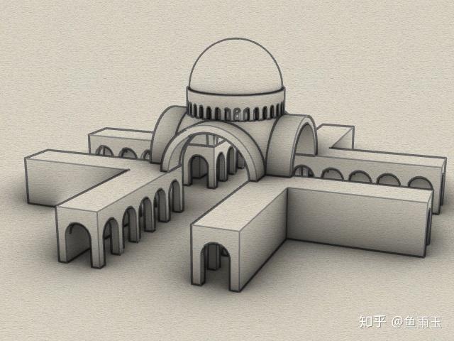 穹顶,其实内部跨度一样大,只是为了突出中央穹顶,将拱顶做得略小略扁