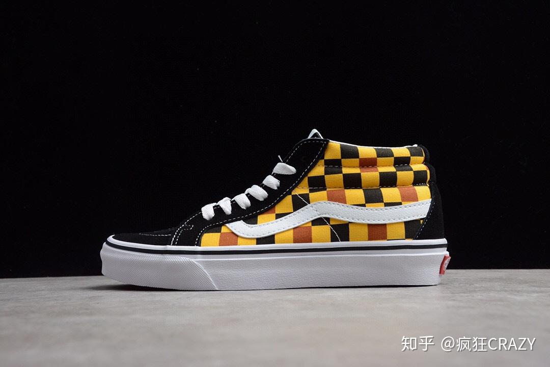 经典棋盘格vans万斯中帮黑黄橘格子拼色和黑蓝格子拼色帆布鞋