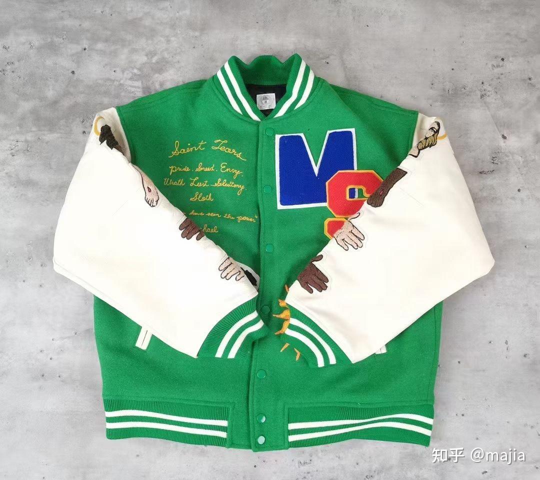 saintmichael詹姆斯牛皮袖棒球夹克