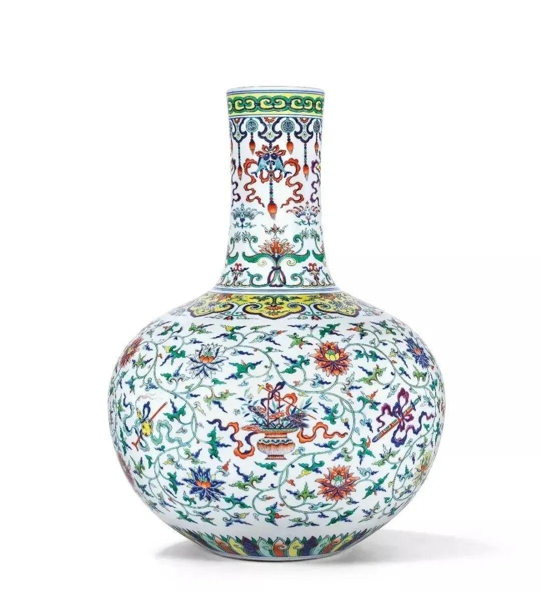 清時代 乾隆 松石緑地 礬紅 描金 福寿花卉紋 胆瓶 唐物 中国