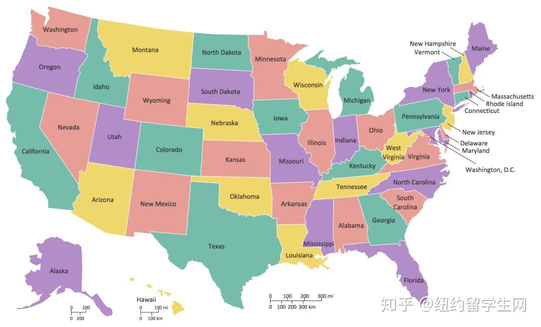 美国本土由50个州和华盛顿哥伦比亚特区组成.