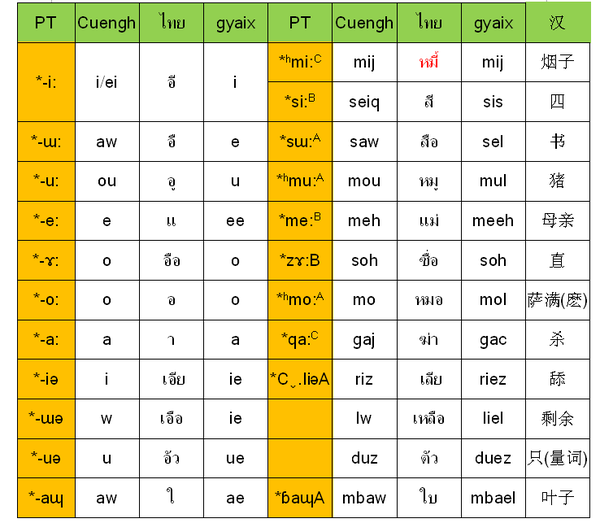 泰文壮文布依文开音节中元音的对应关系yaemmehhozyaemleixdoxdoiqnd