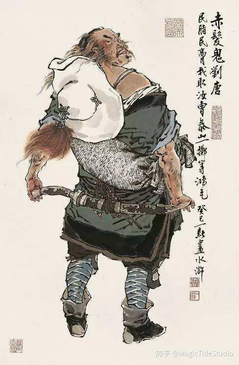 《水浒传》中对该人物的描述也是"鬓边有一搭朱砂记",就是根据"赤发鬼