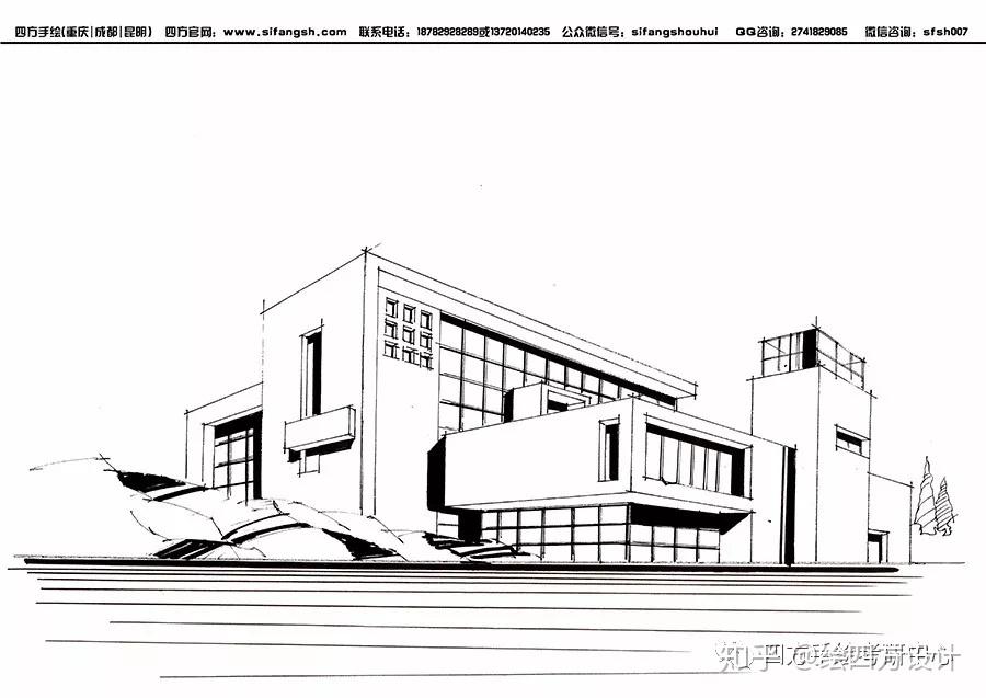 一般采用两点绘制的方法,注意体块的划分,建筑的光影关系,配景的表达
