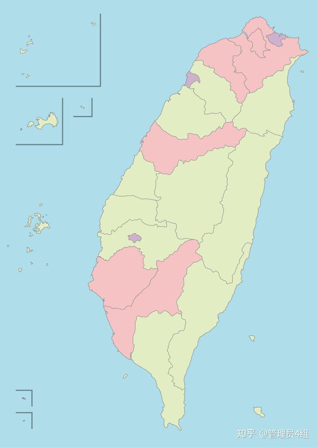 台湾实际控制区域/ 粉色和紫色为直辖市上面的台湾地图,观察细致的