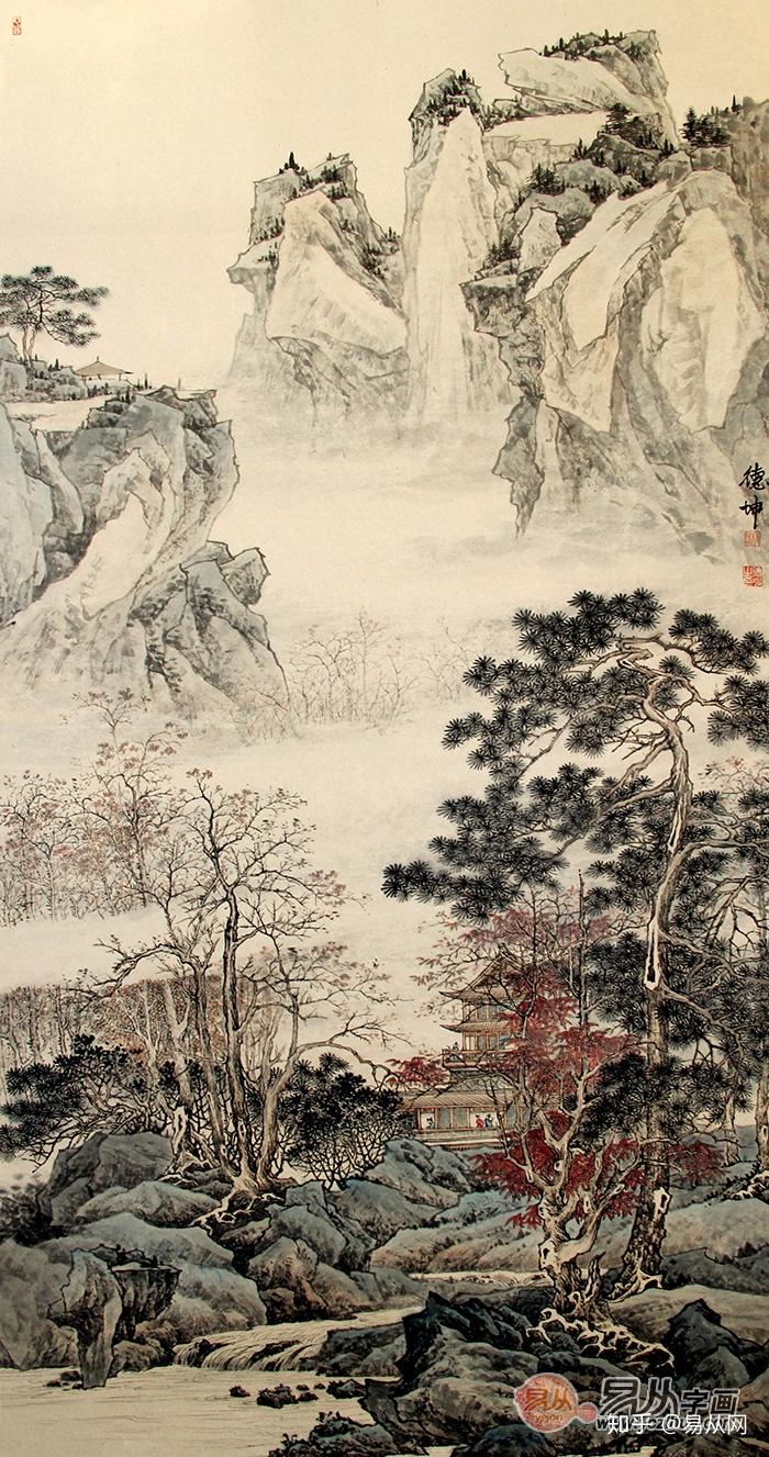 画家林德坤这幅竖幅国画山水作品,以虚实相映的笔墨,描绘了古人溪山探