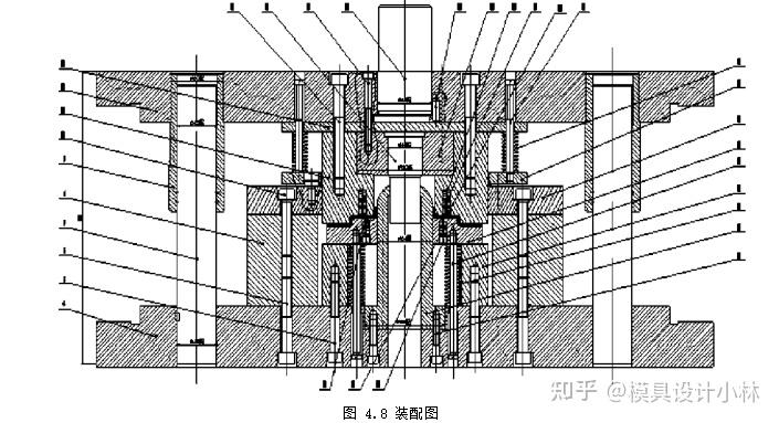 8 裝配圖1-定位銷 2-導料銷 3-擋料銷 4-下模座 5,6-內六角螺釘 7