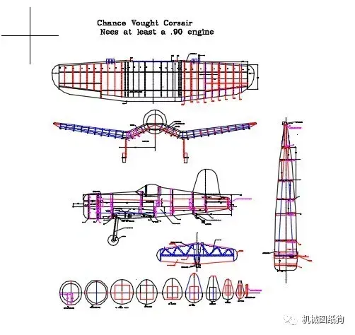 飞行模型二战f4u模型飞机平面图纸autocad设计dwg格式