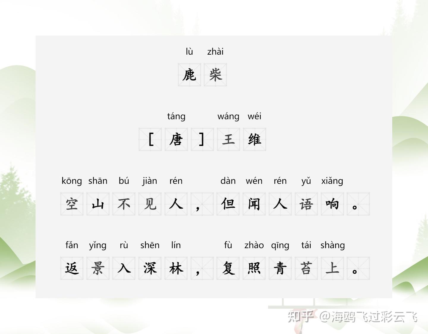鹿柴》 [唐] 王维空山不见人，但闻人语响。 返景入深林，复照青苔上