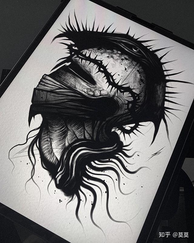 一组黑灰纹身手稿略恐怖