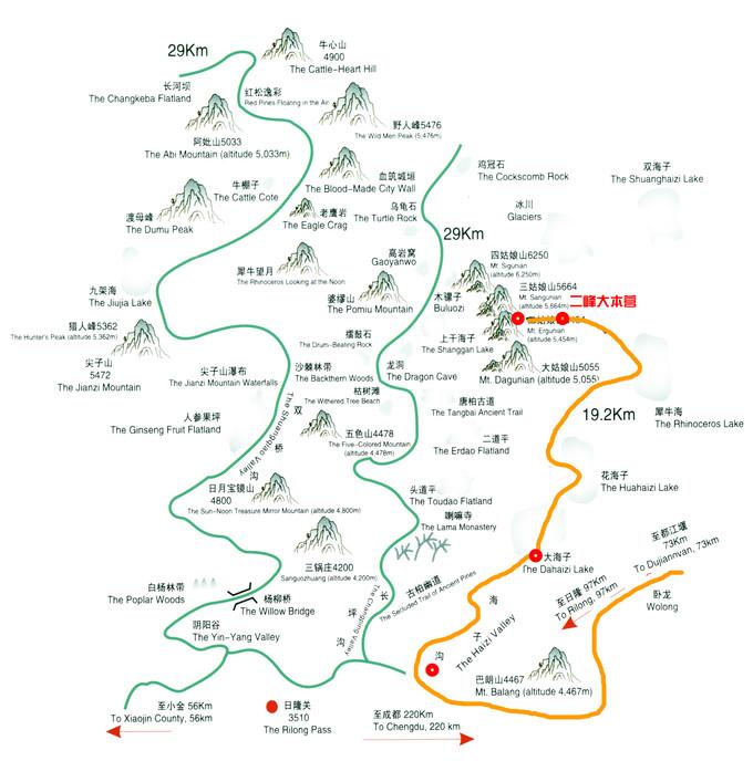 徒步的大致路线是从四姑娘山镇出发,穿越海子沟,到达大海子营地,然后