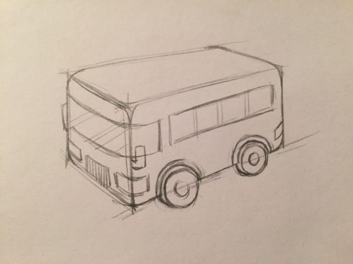 简单点:一辆由长方体添加细节后变成的巴士车,初学者可以多练习这样的