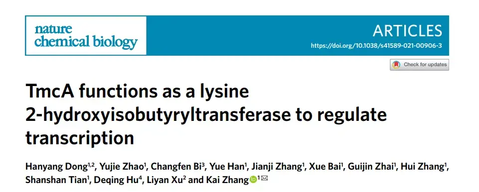 nat chem biol 天津医科大学张锴组发现赖氨酸2-羟基异丁酰化修饰酶