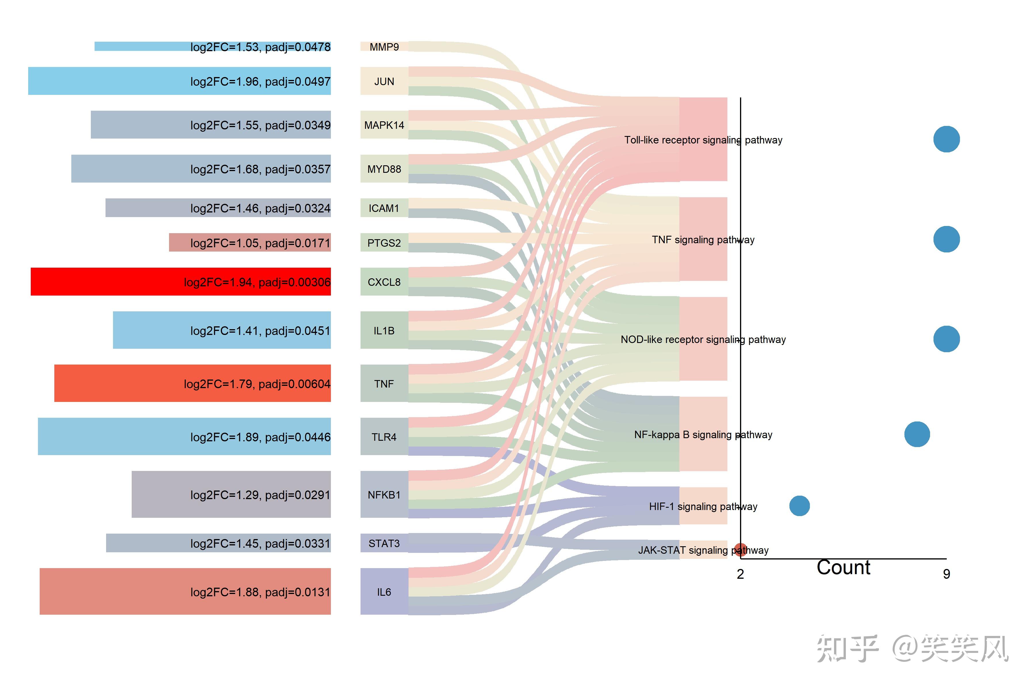 富集分析图还能这么画？桑基图+气泡图+条形图三位一体，一眼锁定关键基因与通路！ - 知乎
