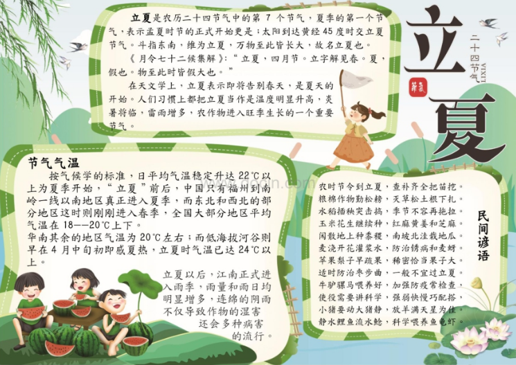 手抄报有着简约,清新,唯美,卡通等多种风格,非常适用于对立夏节气的