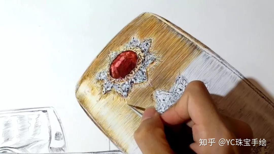 用黄色和褐色圆珠笔画金属的拉丝质感再用褐色加深红宝石的暗部,黑色