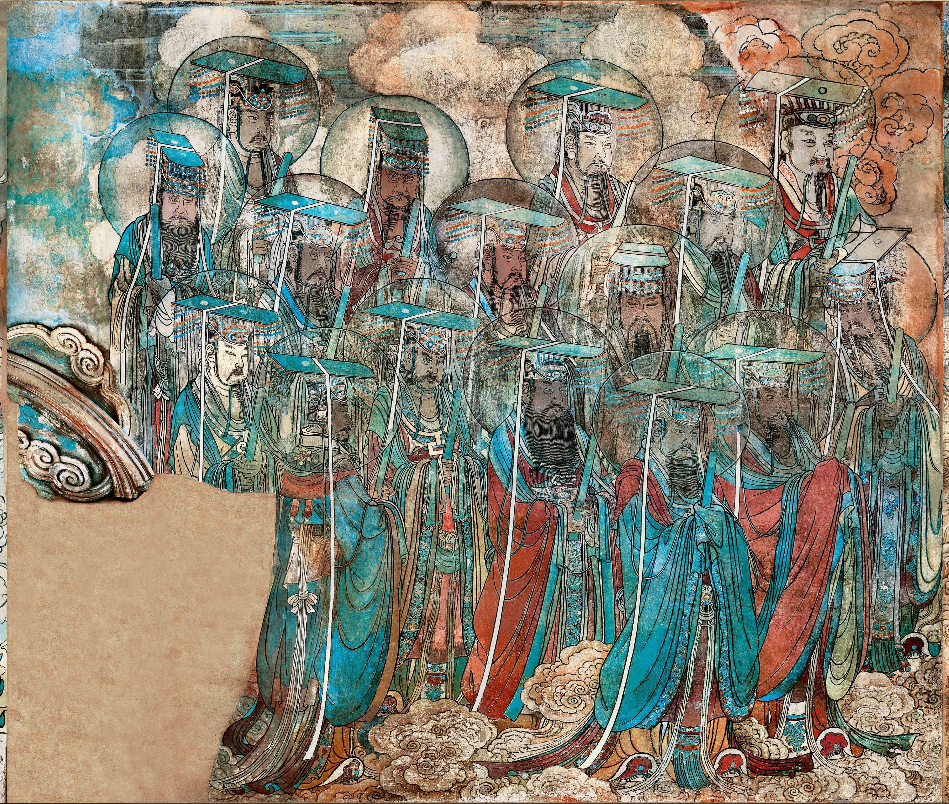 山西永乐宫三清殿-元代壁画《朝元图》:290位神仙,浩荡朝拜道祖,满壁