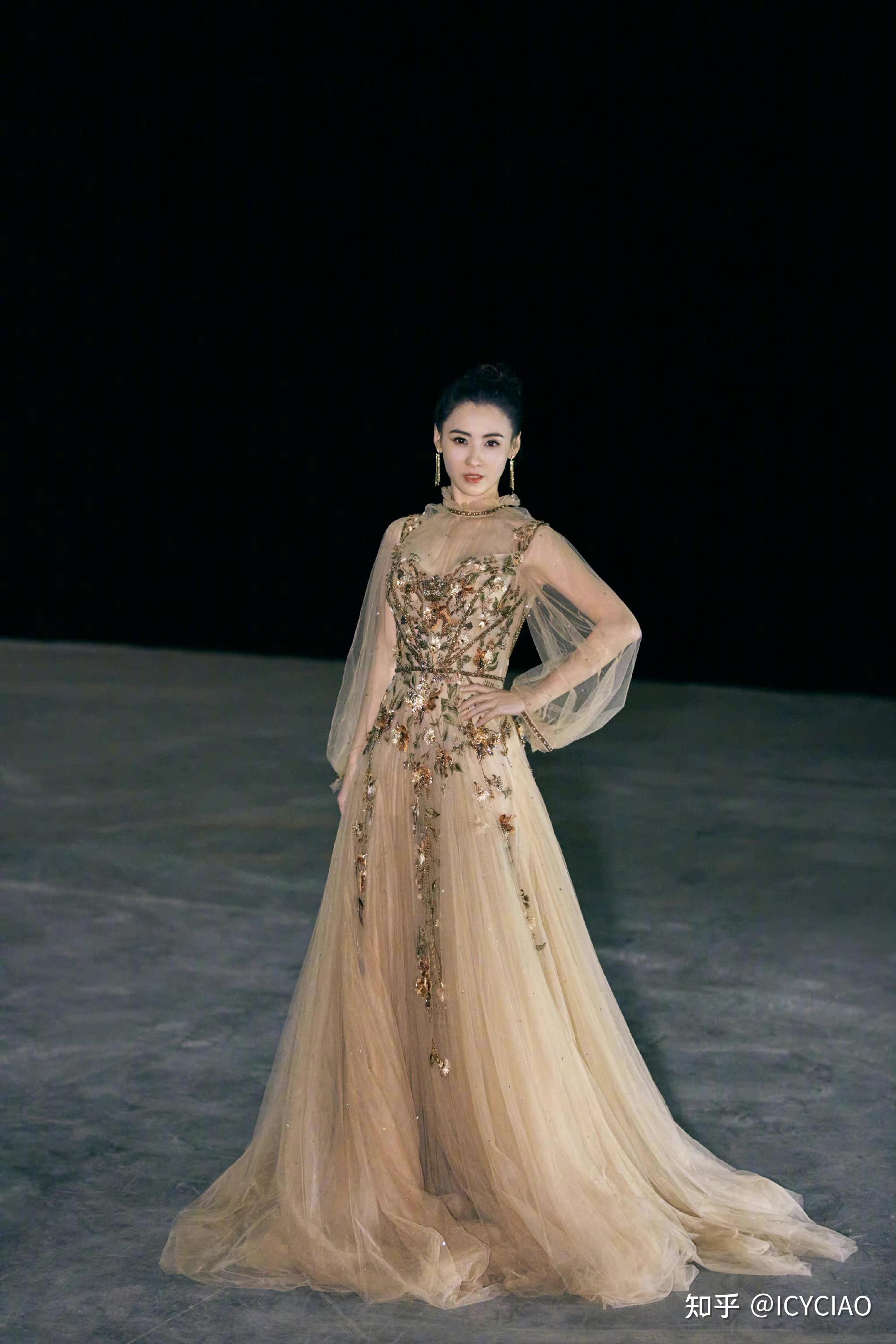 张柏芝身穿marchesa金色薄纱仙花裙亮相盛典