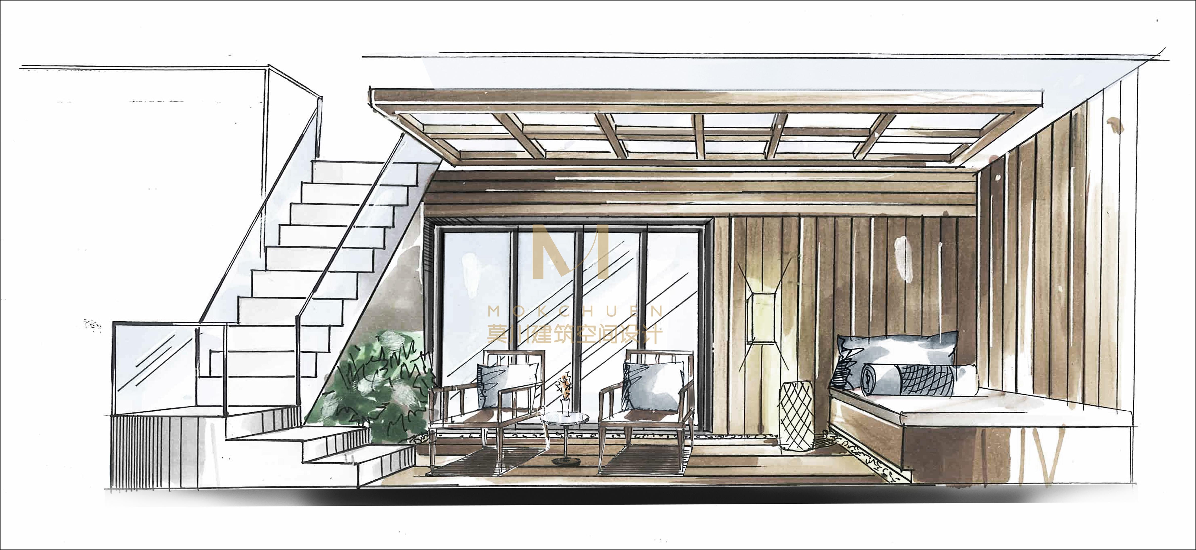 休閒陽臺手繪效果圖本設計方案屬於深圳市莫川建築空間設計版權所有