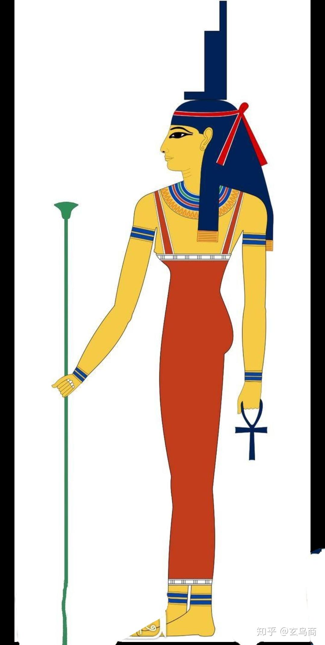 而"伊西斯"手持的权杖顶部正是个"柸子"形状.而且是东向而立.