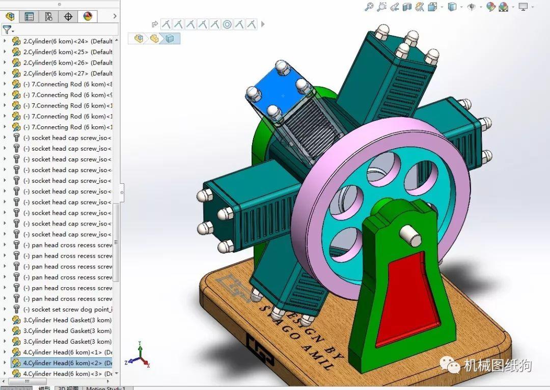 发动机电机svago气动6缸星形发动机模型3d图纸solidworks设计