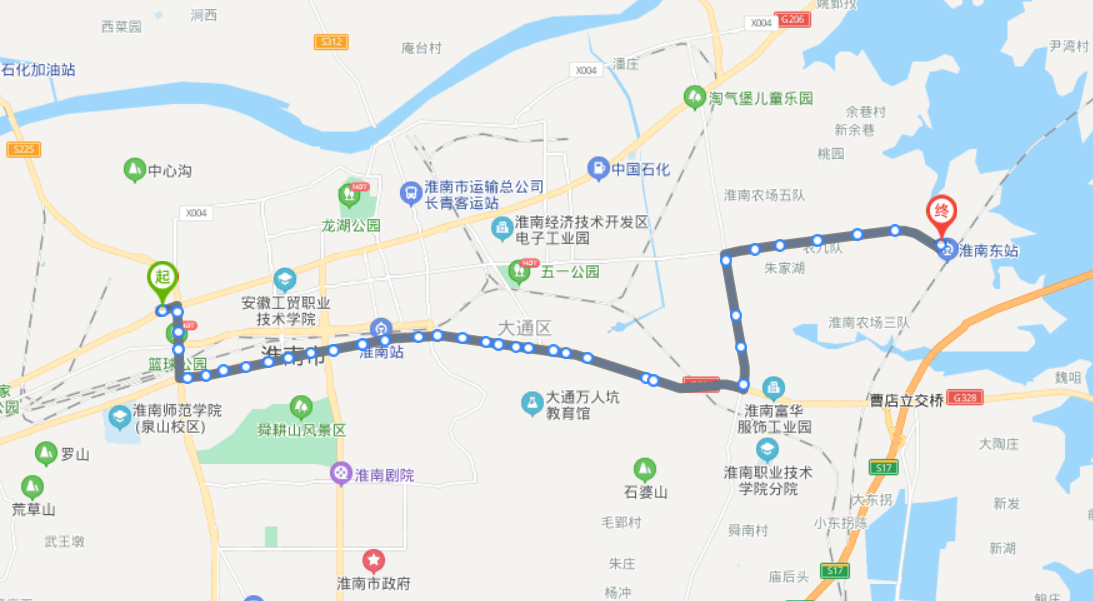 淮南火車東站g2路公交車路線:首末班:06:00-18:20:安成鋪→安成鋪(南)