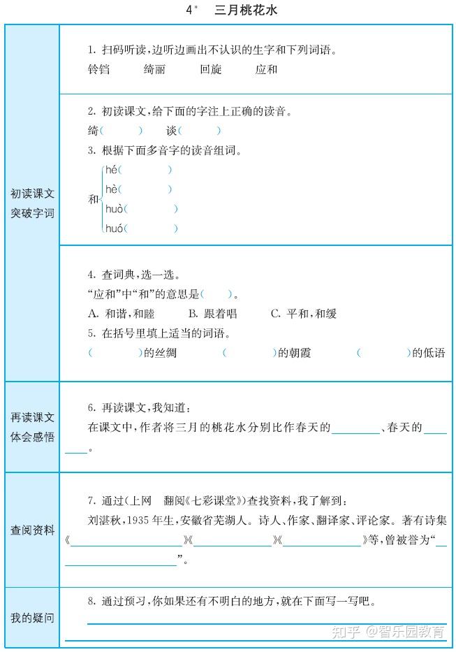 部编版小学四年级语文下册预习卡全册